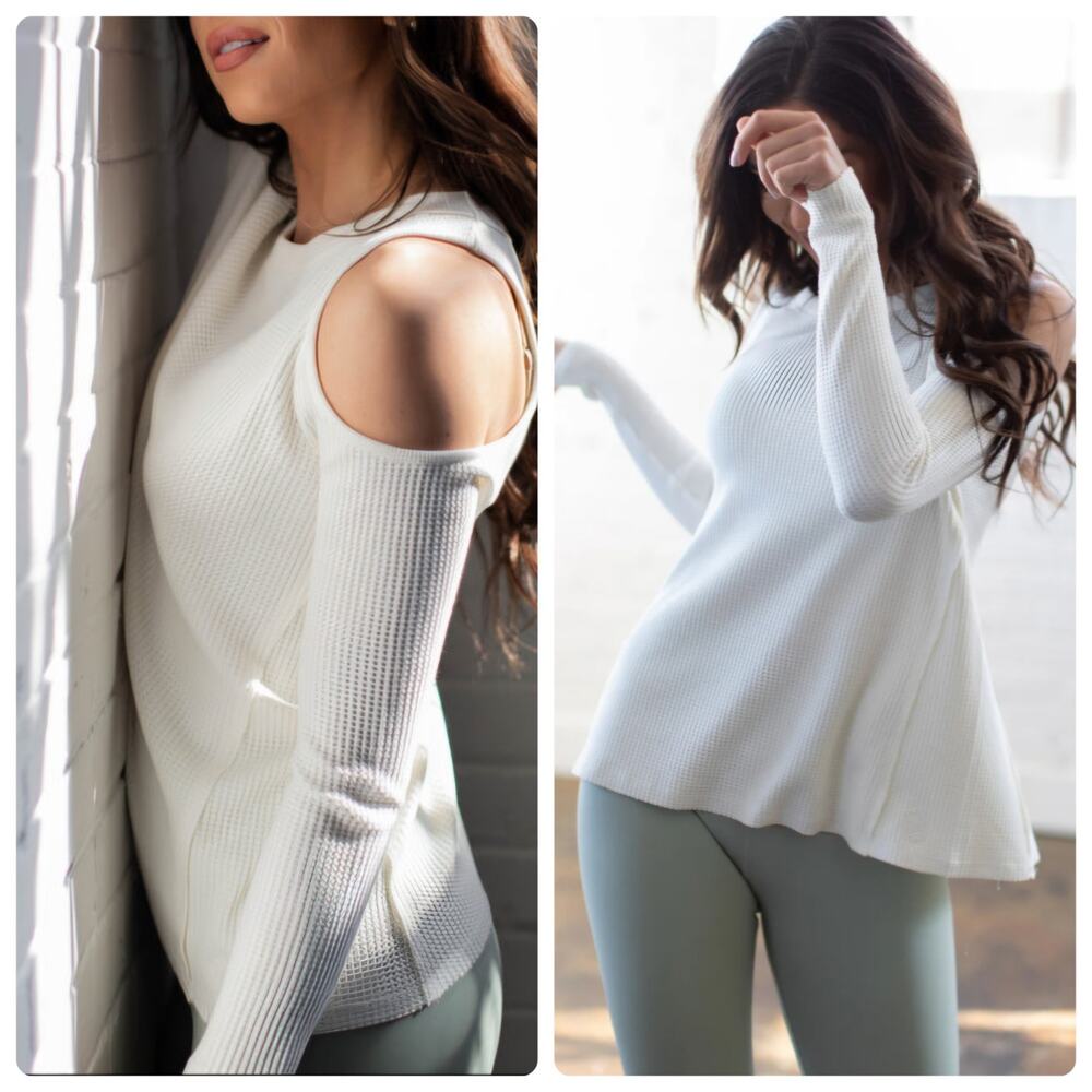Savvi Waffle Knit Cold Shoulder Long Sleeve Top Women Medium Cream Athleisure